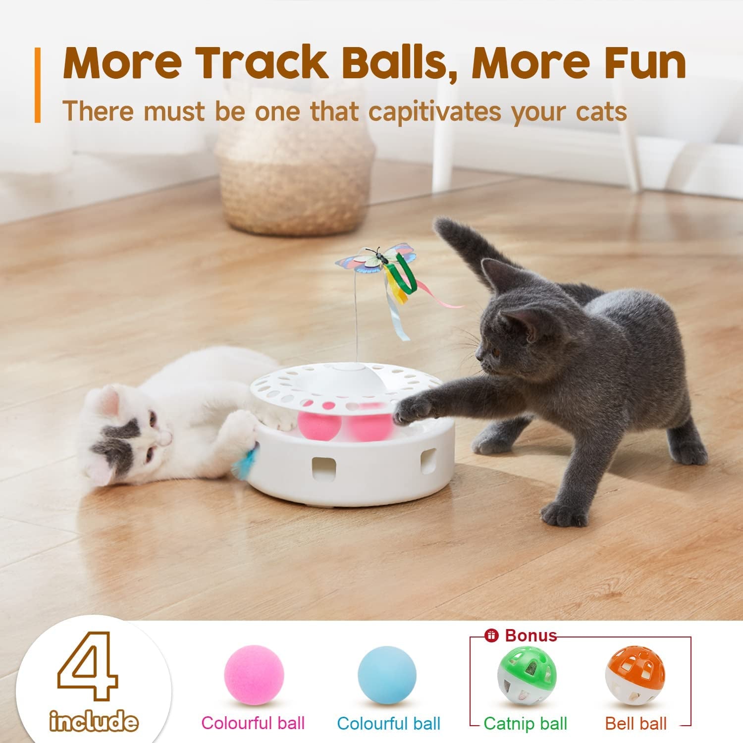 Cat Toys 3-In-1 Smart Interactive Kitten Toy, Fluttering Butterfly, Random Moving Ambush Feather, Catnip Bell Track Balls, Dual Power Supplies, Indoor Exercise Cat Kicker (Bright White)