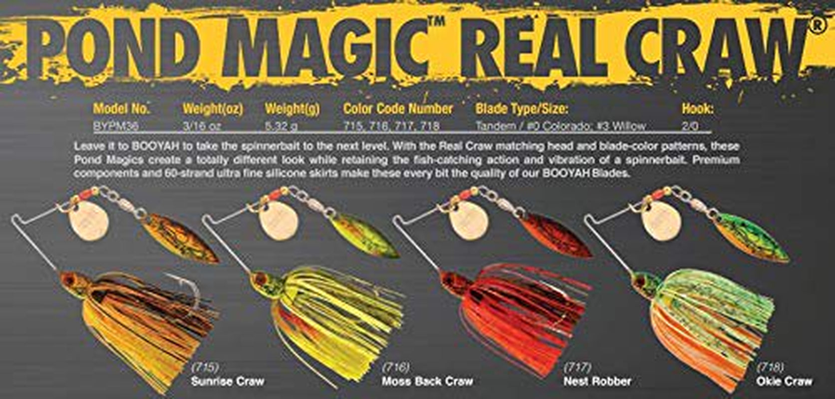 BOOYAH Pond Magic Real Craw Fishing Lure Spinnerbait Two Blade Okie Craw 3/16 Oz