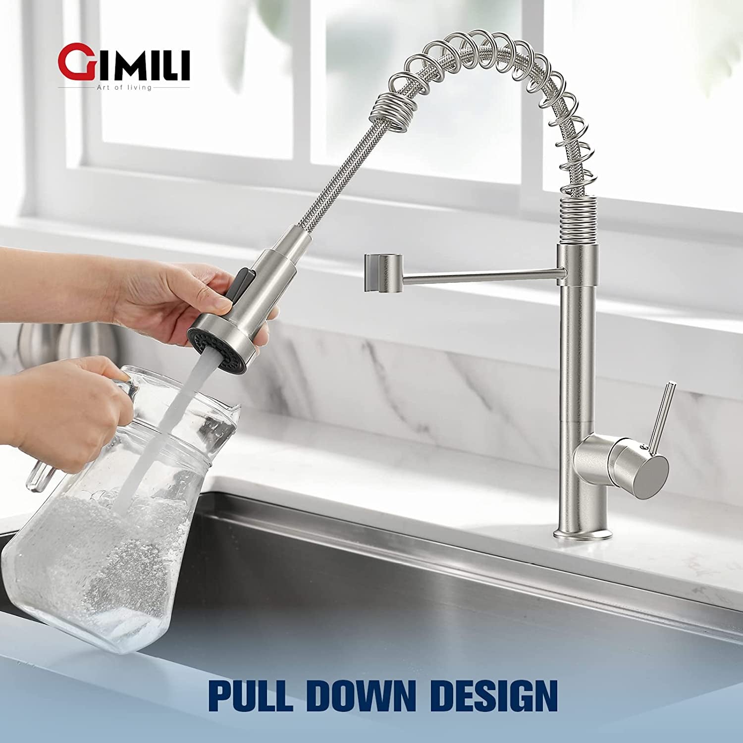 Kitchen Faucet with Pull down Sprayer High Arc Single Handle Spring Kitchen Sink Faucet Brushed Nickel Modern Rv Stainless Steel Kitchen Faucets