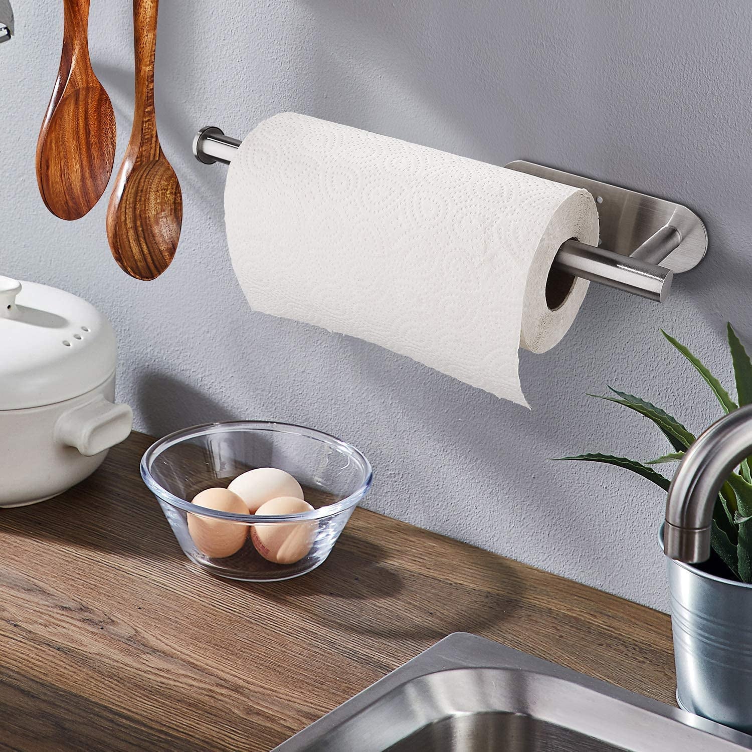Paper Towel Holders-Blcak,Paper Towels Rolls - for Kitchen,Paper Towels Bulk- Self-Adhesive under Cabinet,Both Available in Adhesive and Screws,Stainless Steel(Silver 2PC)