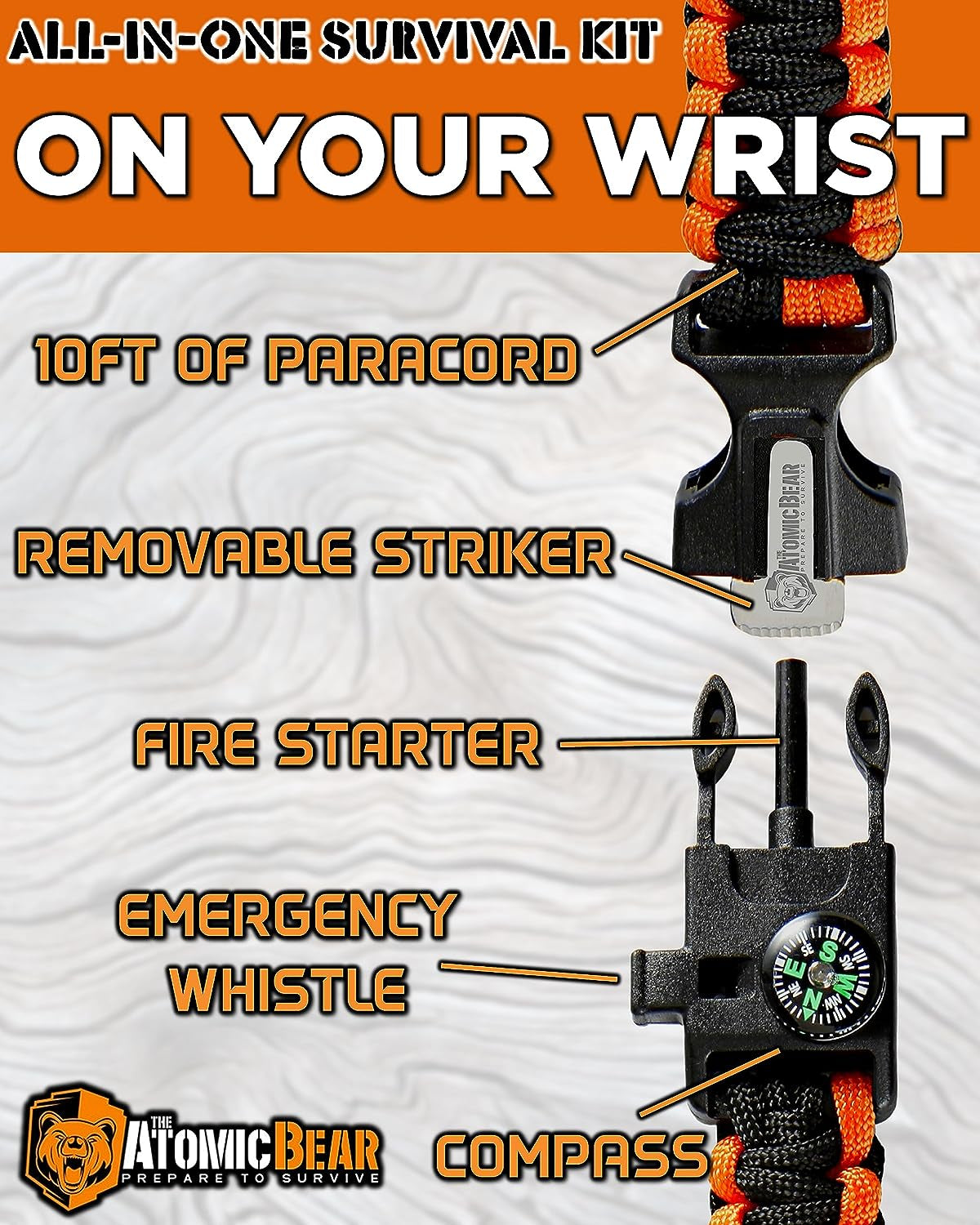 Atomic Bear Paracord Bracelet (2 Pack) - Adjustable - Fire Starter - Loud Whistle - Perfect for Hiking, Camping, Fishing and Hunting - Black & Black+Orange