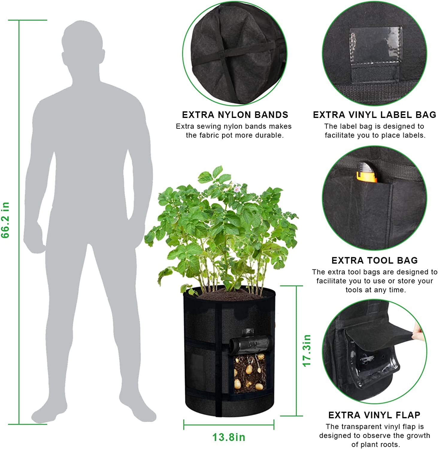 6-Pack 10 Gallon Grow Bags with Window to Harvest - Potato Grow Bags with Handles - Thickened Fabric Pots - Large Grow Bags - Tomato Vegetables Grow Bags with Harvest Window