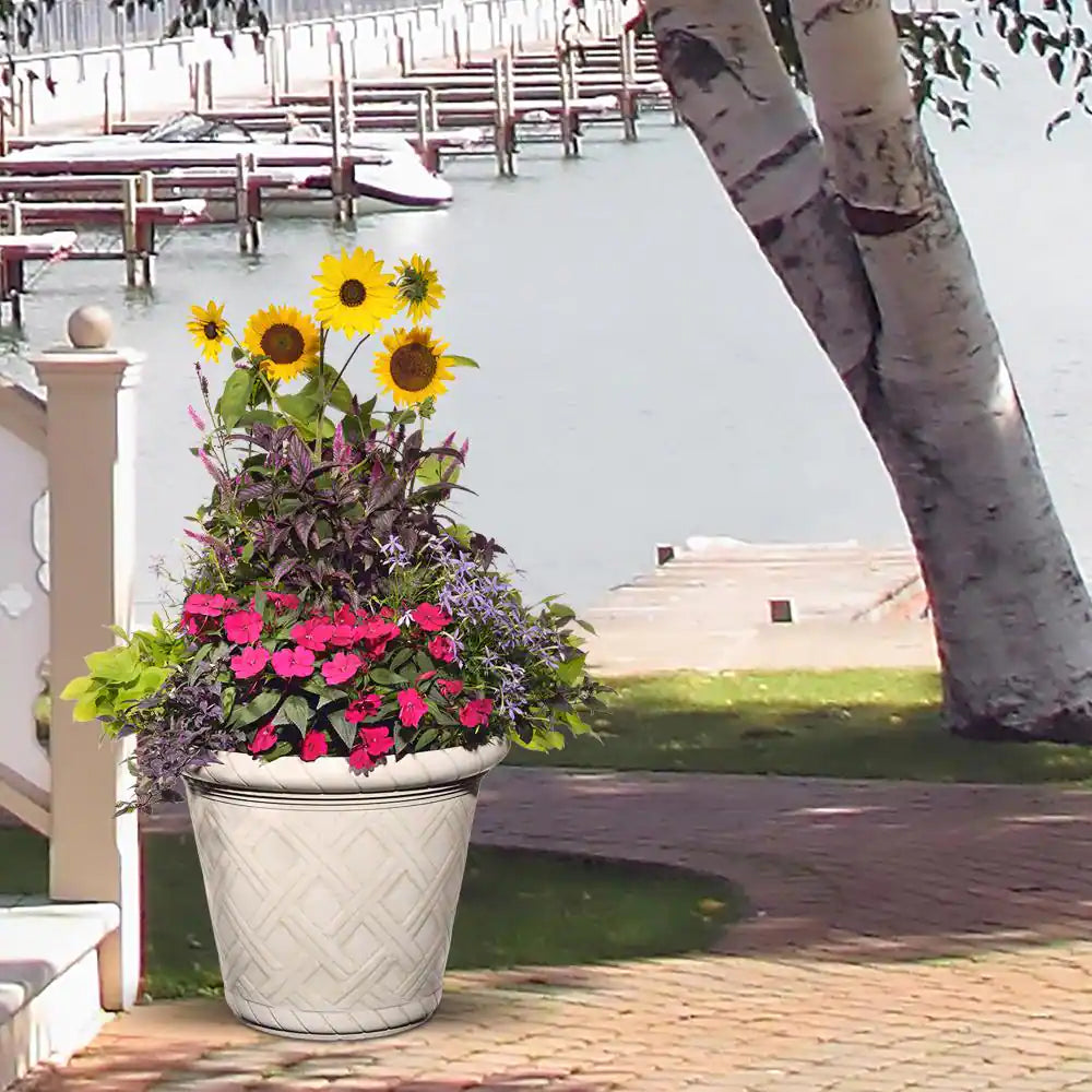 22 In. Antique Ivory Bingham round Resin Planter