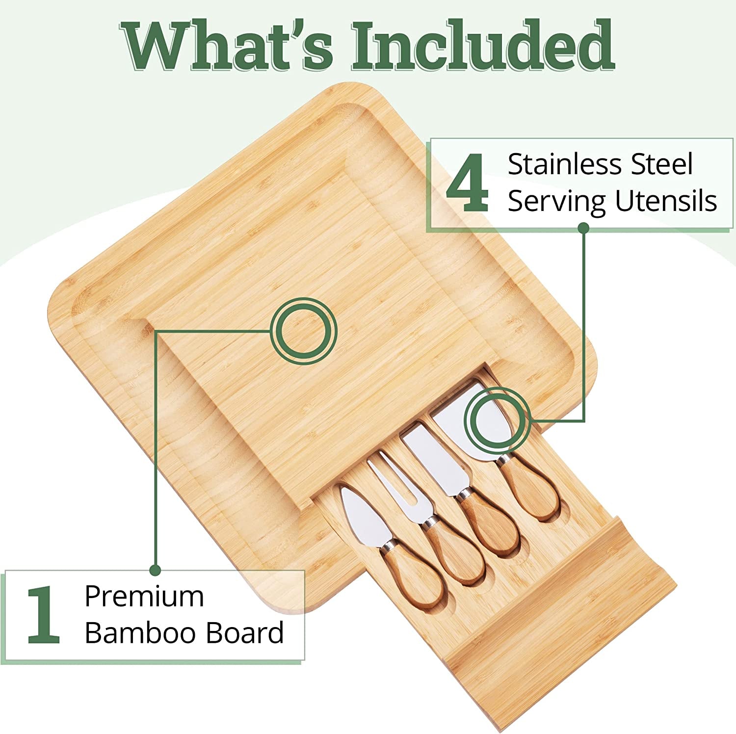 Bamboo Cheese Board Charcuterie Board Set with Cutlery - Slide-Out Drawer Includes 4 Stainless Steel Serving Utensils - Serving Tray for Wedding Gifts, Christmas Gifts, Housewarming