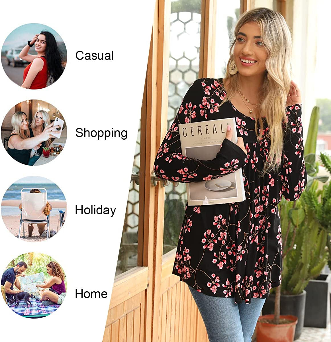 LONGYUAN 2022 Women'S Long Sleeve Casual Tops Winter Loose Fitting Flare Blouse Soft Comfy Tunic Elastic Cute Shirts