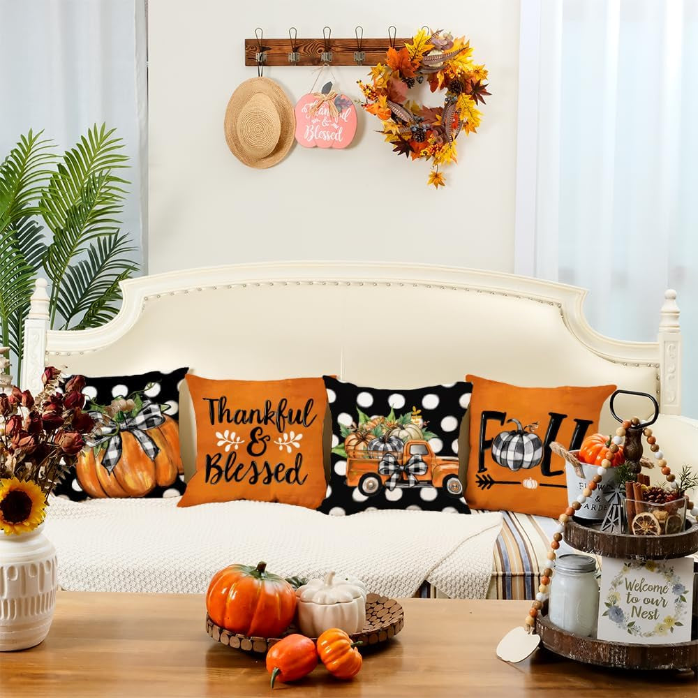 Fall Pillow Covers 18 X 18 Inch Set of 4, Polka Dots Buffalo Bow-Knot Pumpkins Truck Thankful Thanksgiving Decor Decorative Throw Cushion Cases Decoration for Home Sofa Couch (Black) G405-18