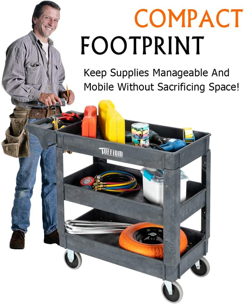 Plastic Service Utility Cart, Support up to 550Lbs Capacity, Heavy Duty Tub Storage Cart W/Deep Shelves, Multipurpose Rolling 3-Tier Mobile Storage Organizer, for Warehouse Garage