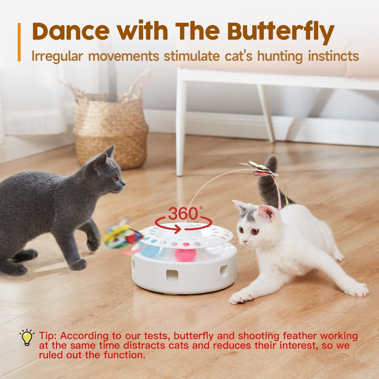 Cat Toys 3-In-1 Smart Interactive Kitten Toy, Fluttering Butterfly, Random Moving Ambush Feather, Catnip Bell Track Balls, Dual Power Supplies, Indoor Exercise Cat Kicker (Bright White)