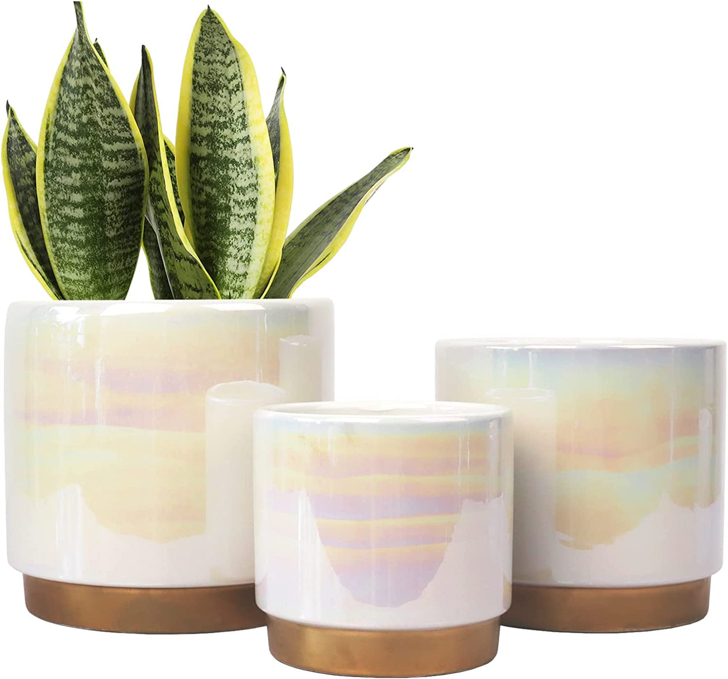 White Indoor Pots for Plants, Ceramic Planter with Drainage Hole, 6.0 Inch+5.0 Inch+4.0 Inch. Succulent Orchid Flower Pot - Rainbow Pearl Glaze