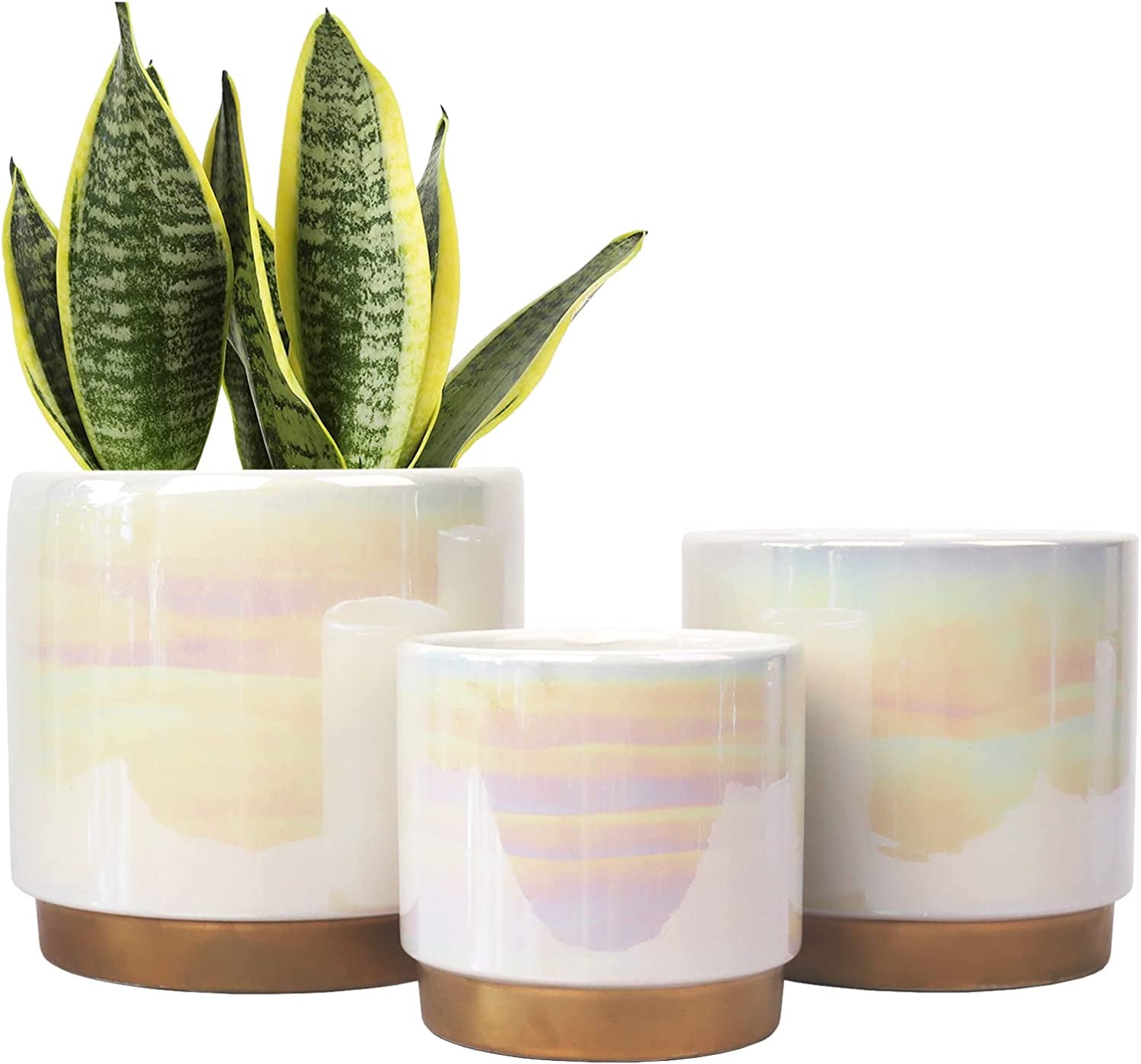 White Indoor Pots for Plants, Ceramic Planter with Drainage Hole, 6.0 Inch+5.0 Inch+4.0 Inch. Succulent Orchid Flower Pot - Rainbow Pearl Glaze