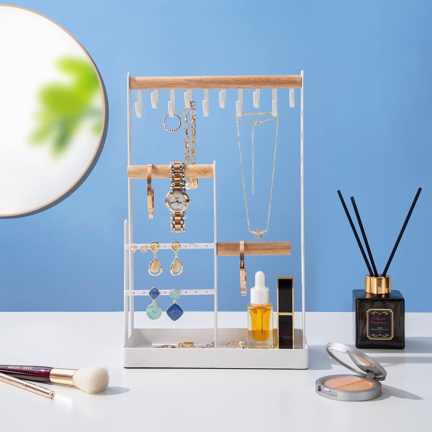 Jewelry Organizer Stand Necklace Holder, 4-Tier Jewelry Tower Rack with Earring Tray and Holes, 10 Hooks Necklaces Hanging Storage Tree Display for Bracelets Watches Earrings Rings -White