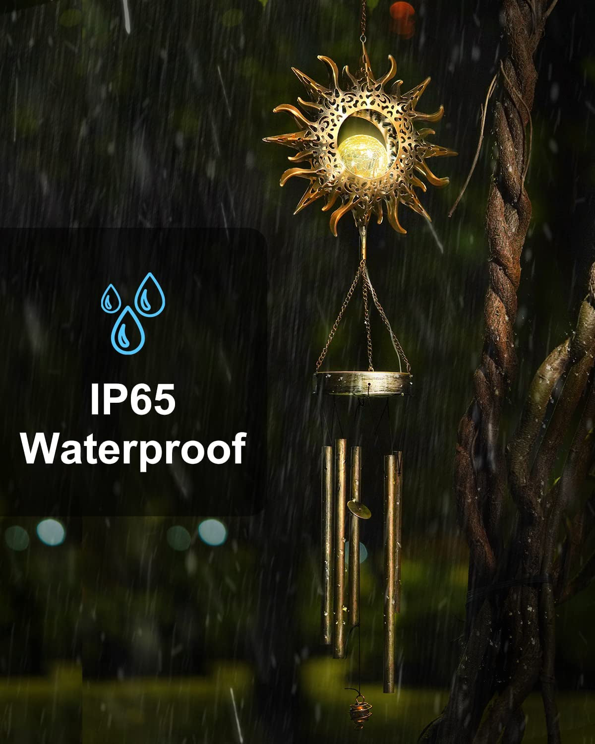 Solar Wind Chimes, Sun Wind Chime Outdoor Clearance W/Glowing Crackle Glass LED Unique Wind Bells for outside Waterproof Chimes, Gifts for Her/Him (42" Long Metal Chimes)…