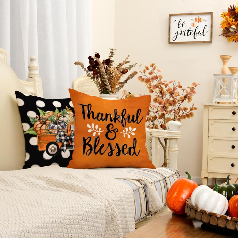 Fall Pillow Covers 18 X 18 Inch Set of 4, Polka Dots Buffalo Bow-Knot Pumpkins Truck Thankful Thanksgiving Decor Decorative Throw Cushion Cases Decoration for Home Sofa Couch (Black) G405-18