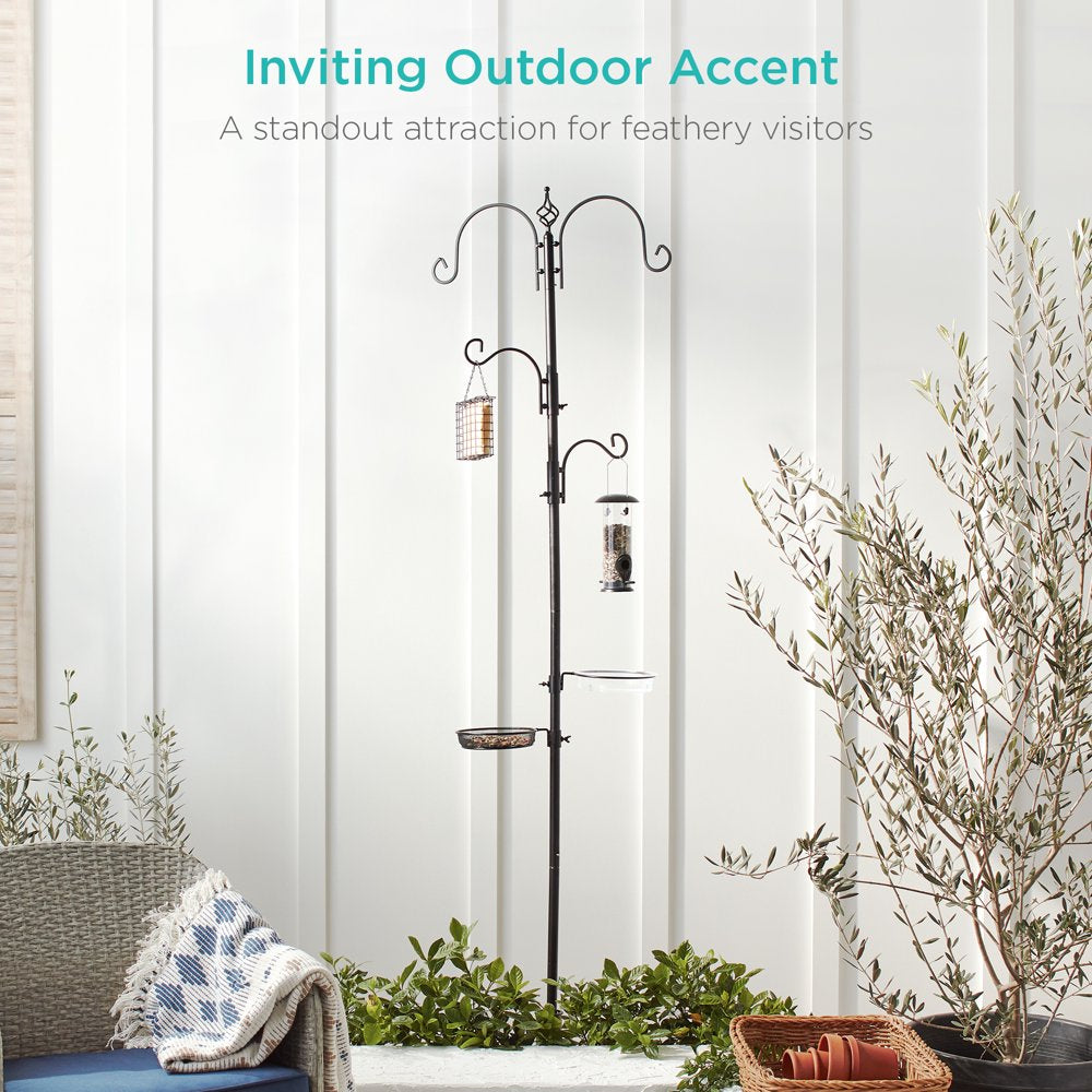 91In 4-Hook Bird Feeding Station, Steel Multi-Feeder Stand W/ 2 Feeders, Tray, Bird Bath - Black