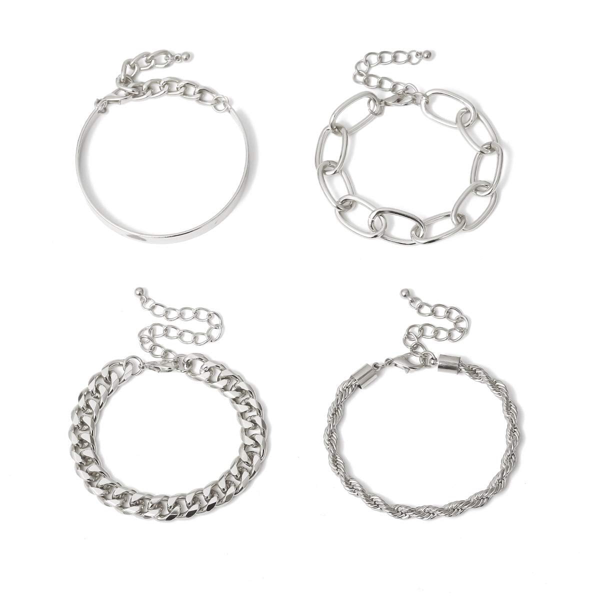 Dainty Boho Gold Silver Chain Bracelets Set for Women Adjustable Fashion Beaded Chunky Flat Cable Chain Punk Bracelets Jewelry for Women Girls Gift Set of 4 (Silver)