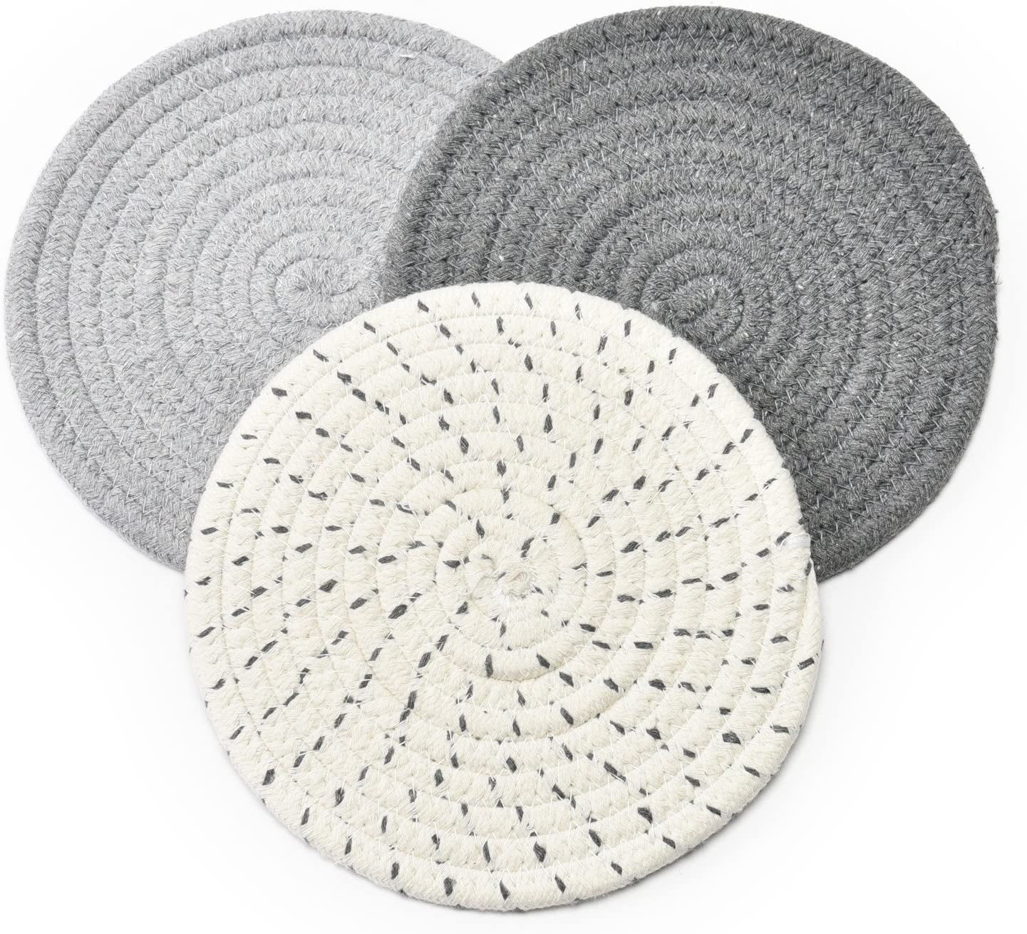 Potholders Set Trivets Set 100% Pure Cotton Thread Weave Hot Pot Holders Set (Set of 3) Stylish Coasters, Hot Pads, Hot Mats,Spoon Rest for Cooking and Baking by Diameter 7 Inches (Gray)
