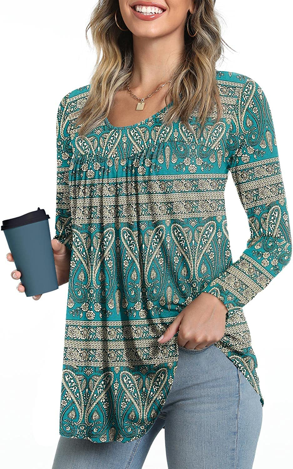 LONGYUAN 2022 Women'S Long Sleeve Casual Tops Winter Loose Fitting Flare Blouse Soft Comfy Tunic Elastic Cute Shirts