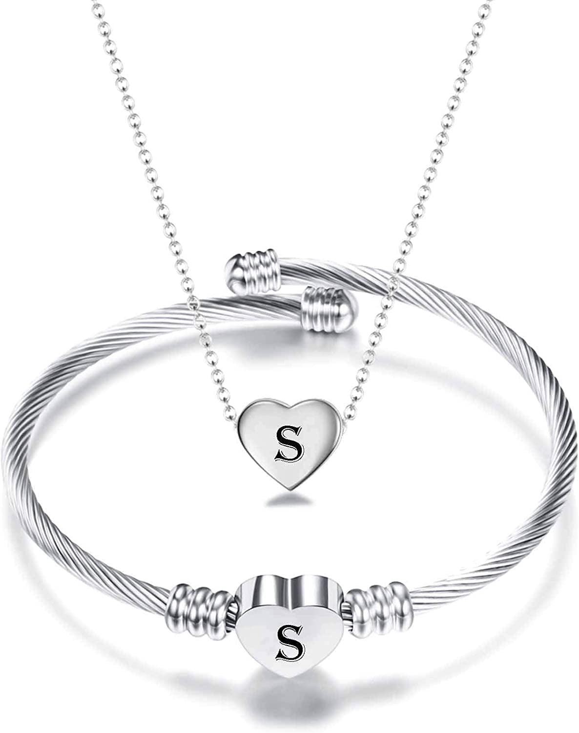 Heart Necklace and Bracelet for Women Girls Stainless Steel Initial Jewelry Set