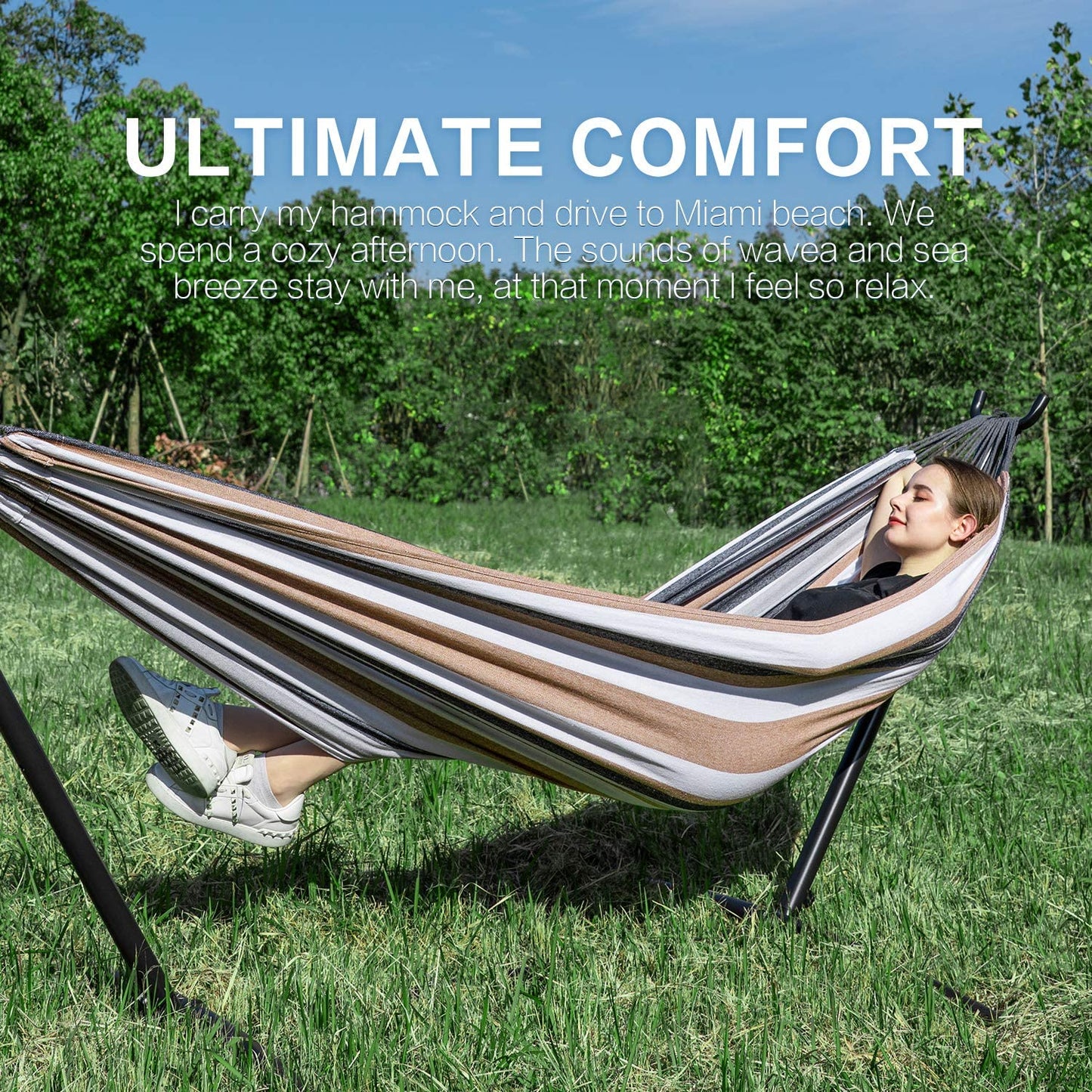 Double Hammock with Space Saving Steel Stand Included 2 Person Heavy Duty outside Garden Yard Outdoor 450Lb Capacity 2 People Standing Hammocks and Portable Carrying Bag (Coffee)