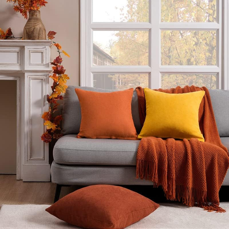 l Decorative Throw Pillow Covers Solid Soft Chenille Cushion Cover Case Fall Orange 16 X 16Inch for Couch Bedroom Sofa 40 X 40 Cm, Set of 2, Orange