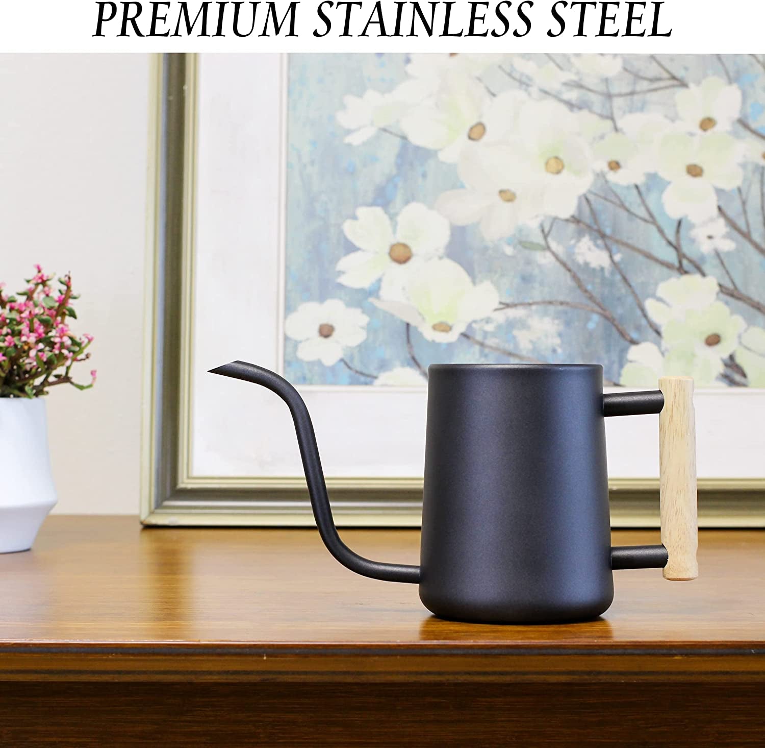 Watering Can for Indoor Plants,Indoor Watering Can for House Bonsai Plants,35Oz Steel Watering Can with Easy Pour Long Spout,Cute Houseplant Watering Can (Black)