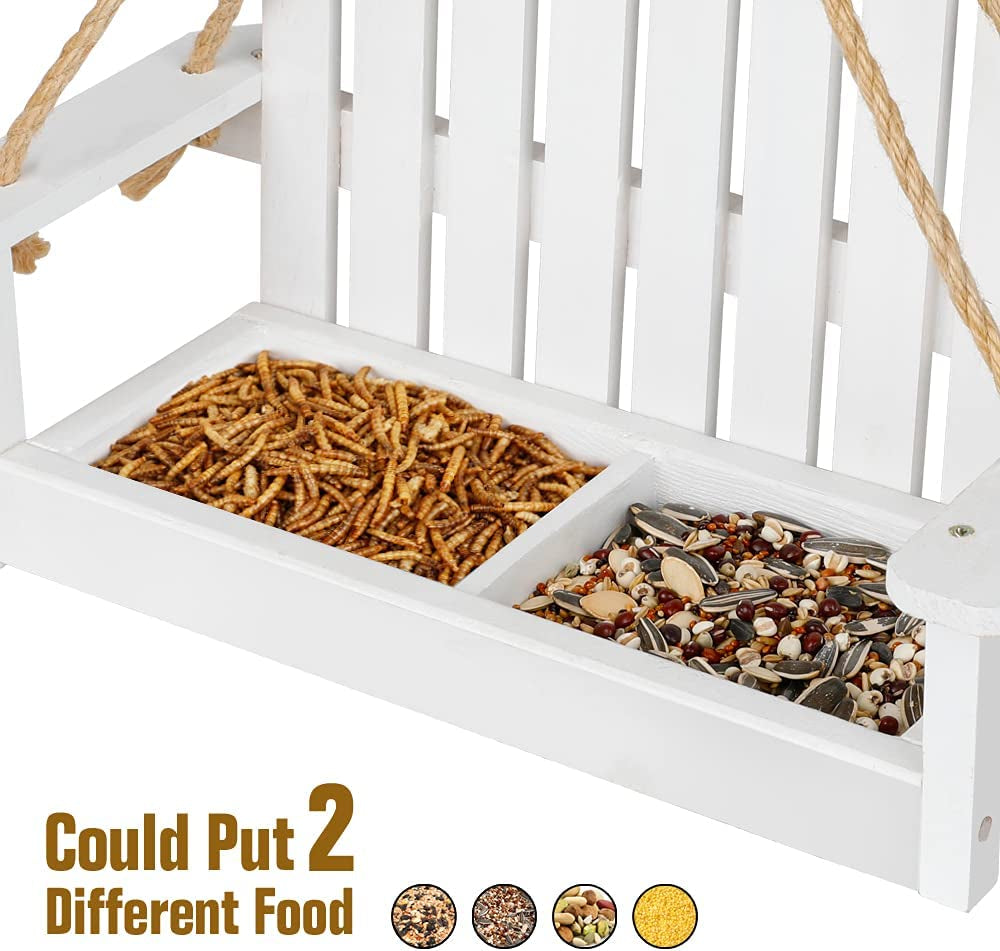 Solution4Patio White Swing Wild Bird Feeder for Outside, Metal Mesh Bottom, Cute Bench Bird Feeder or Squirrel Feeder for Yard, Porch Decoration, Large Capacity, Easy to Fill & Clean, #8455