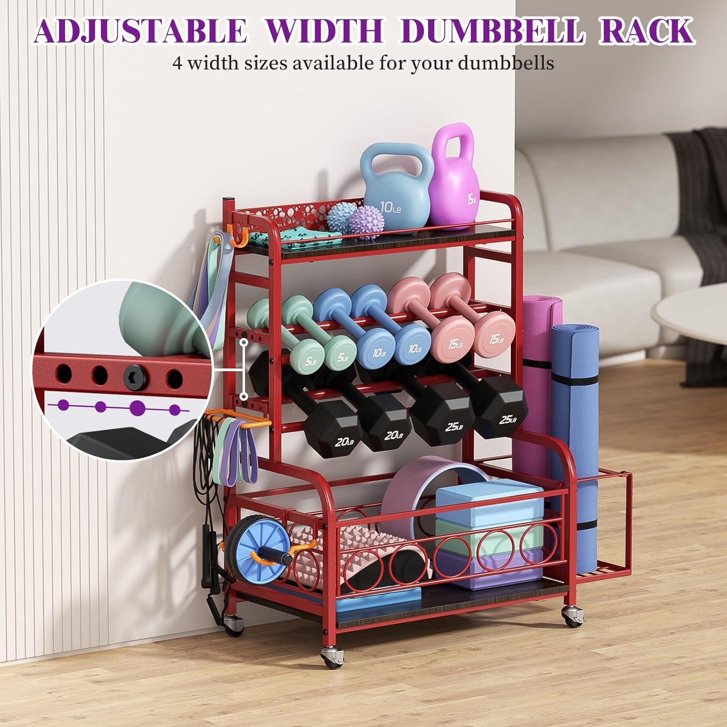 Weight Rack for Dumbbells, Dumbbell Rack Weight Stand,  Home Gym Storage Rack for Yoga Mat Kettlebells and Strength Training Equipment, Weight Storage Holder Rack for Dumbbells with Wheels
