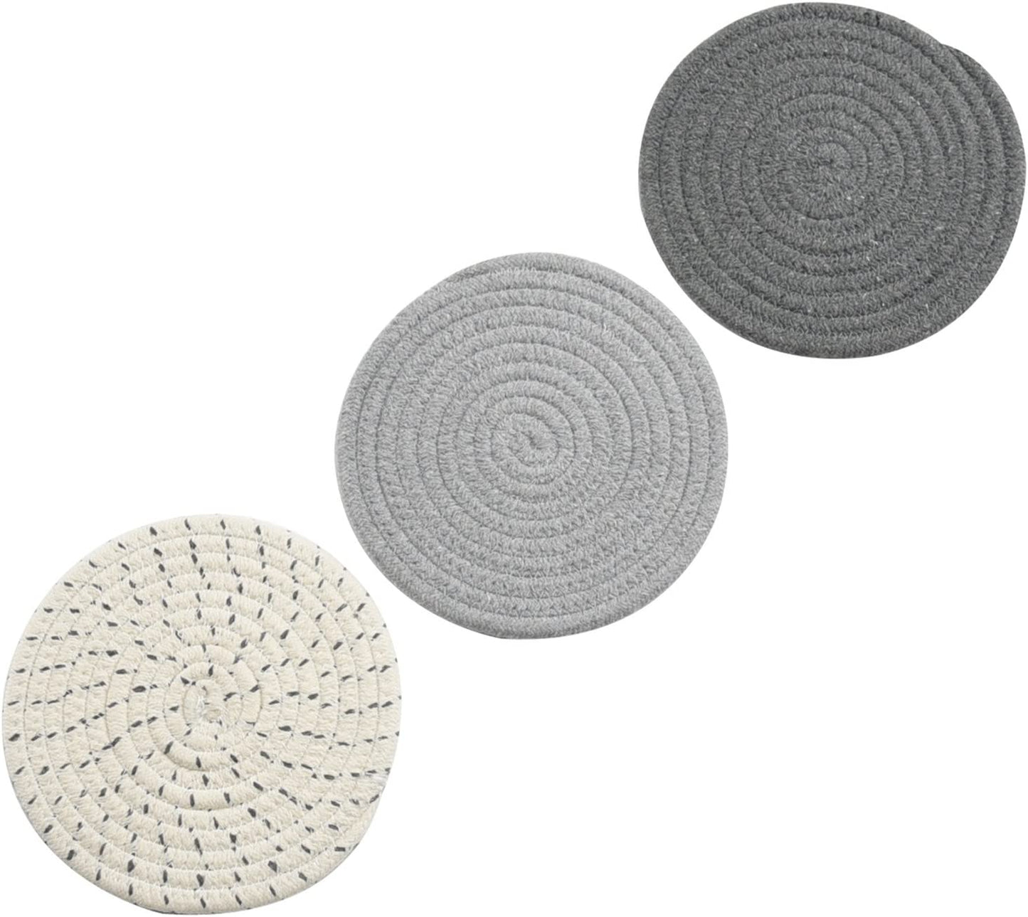 Potholders Set Trivets Set 100% Pure Cotton Thread Weave Hot Pot Holders Set (Set of 3) Stylish Coasters, Hot Pads, Hot Mats,Spoon Rest for Cooking and Baking by Diameter 7 Inches (Gray)