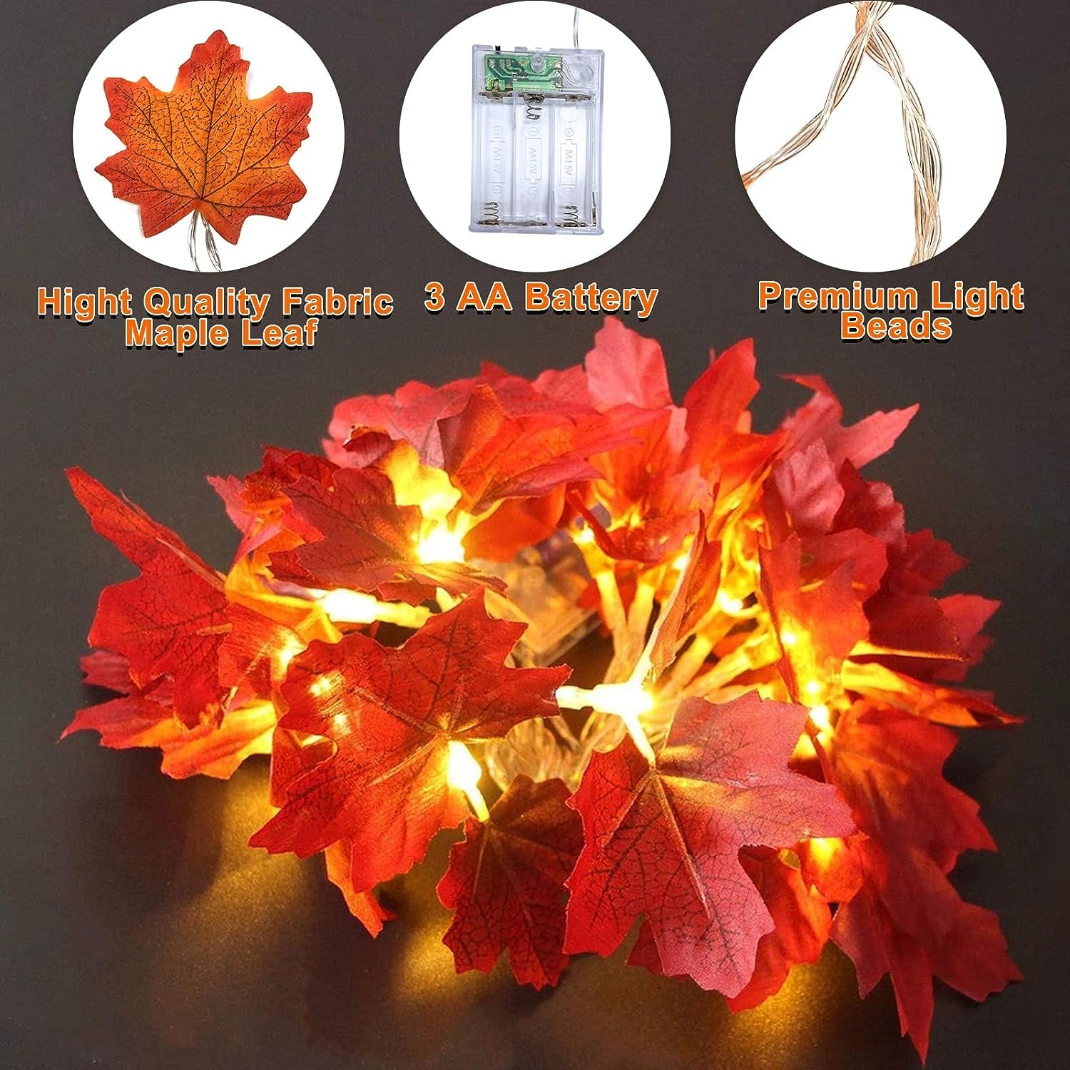 3 Pack Fall Thanksgiving Lights Thanksgiving Decorations for Home, Enlarged Maple Leaf Thanksgiving Garland, 30 Ft 60 LED Waterproof Battery Operated Leaf Lights Halloween Decoration Indoor Fall Decor