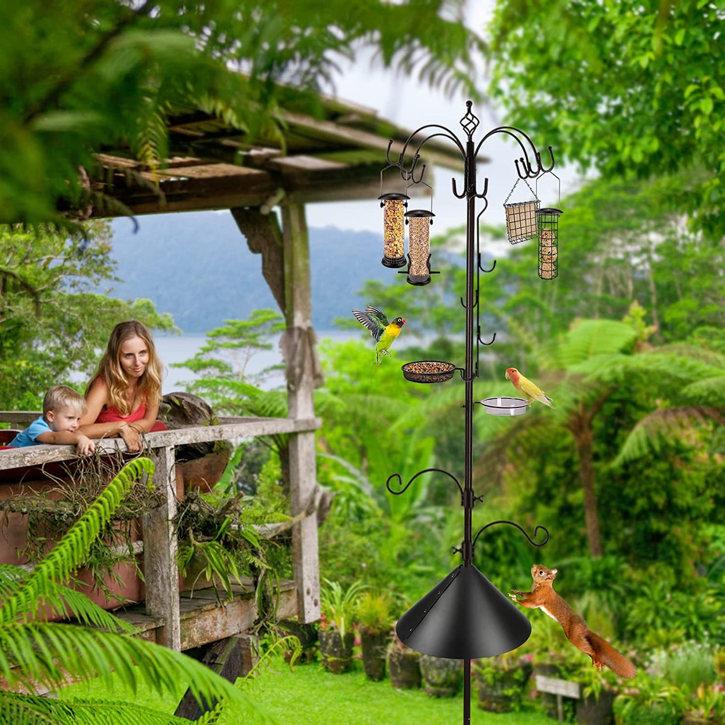 Bird Feeder Station Bird Feeding Station Kit Bird Feeder Pole Wild Bird Feeder Kit with Squirrel Baffle and Suet Cage Mesh Tray Fruit Hook Double W Hook for Attracting Wild Birds (15"L X 3"W X 6"H)