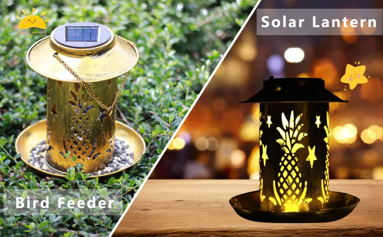 Bird Feeders Gifts for Bird Lover, Copper Metal Wild Bird Feeder for Cardinals, Solar Garden Lantern Birdfeeder 3Lbs Large Capacity, One More Solar Panel for Replacement.