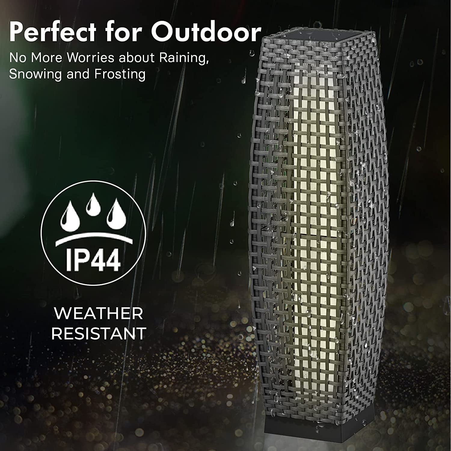 Outdoor Solar Powered Resin Wicker Floor Lamp, Outdoor Weather-Resistant Deck Light, for Garden or Porch -Large Fuji, Silver Gray