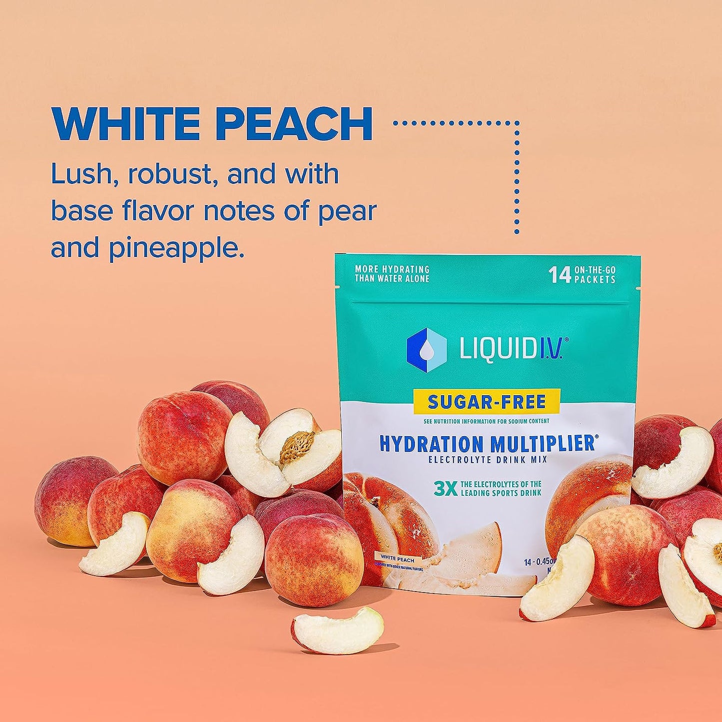 Sugar-Free Hydration Multiplier - White Peach – Powder Packets | Electrolyte Drink Mix | Easy Open Single-Serving Stick | Non-Gmo | 14 Sticks