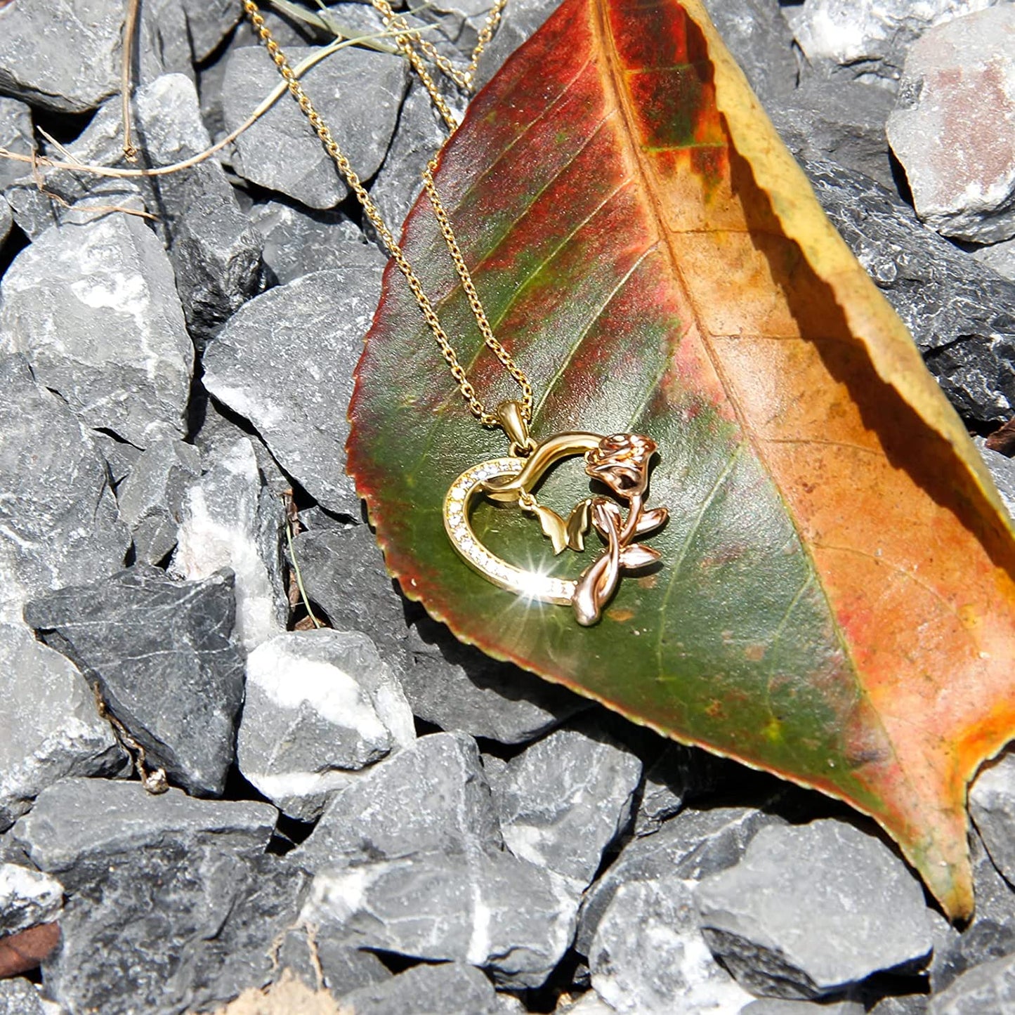 Heart Shaped Butterfly Rose Pendant Necklace 925 Sterling Silver, Ladies Heart Necklace 14K Gold Plated, Birthday Jewelry Gift for Girls