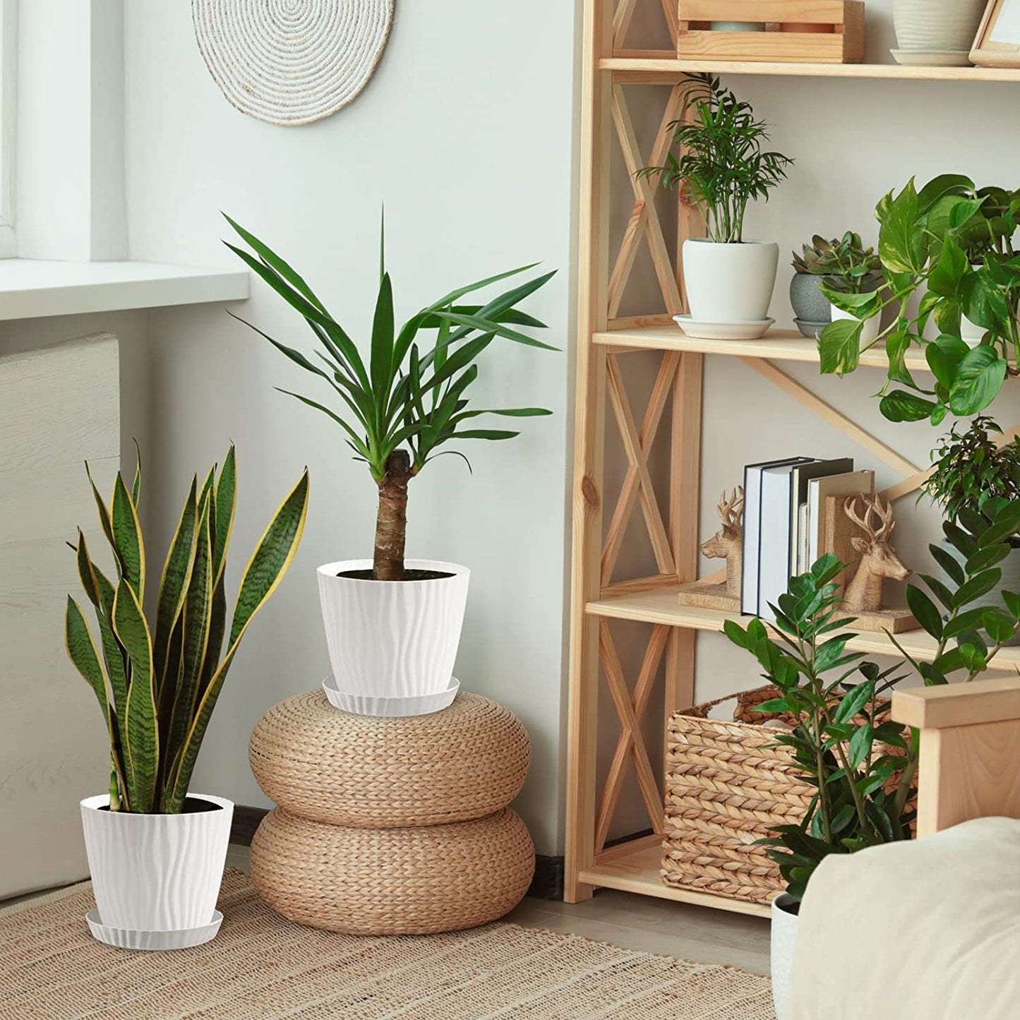6 Pack Plant Pots, 7Inch White Plastic Flower Pots with Drainage Holes and Saucers, Large Planters for Indoor Plants Modern Decorative Planting Pots Outdoor