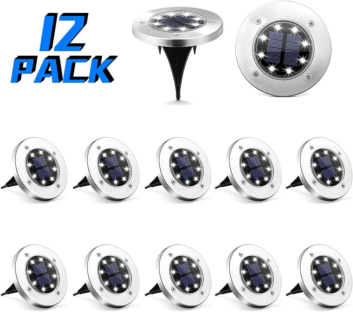 12 Pack Solar Ground Lights, 8 LED Solar Powered Disk Lights Outdoor Waterproof Garden Landscape Lighting for Yard Deck Lawn Patio Pathway Walkway (White)