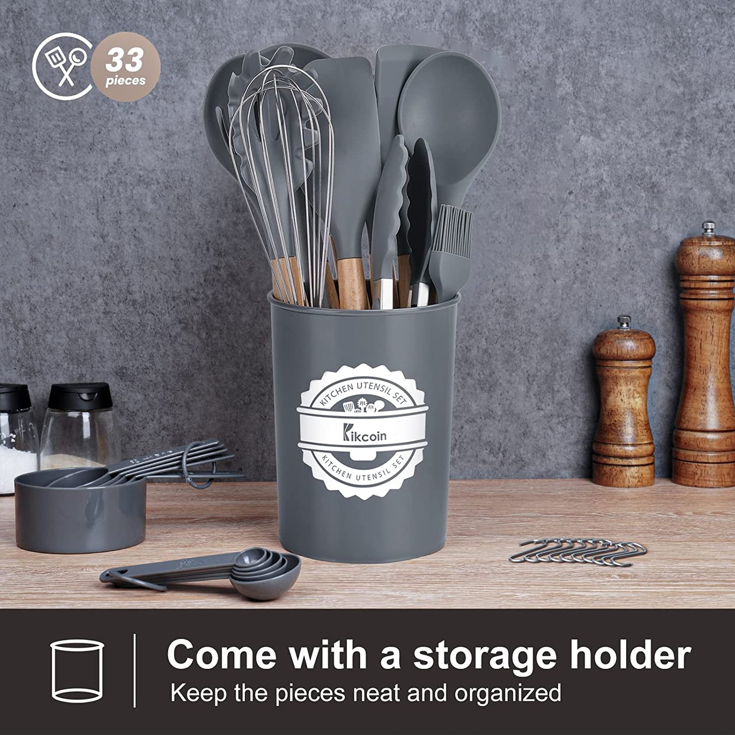 33 PCS Silicone Cooking Utensils Set,  Wood Handle Kitchen Utensils Set with Holder, Spatulas Silicone Heat Resistant Cooking Gadgets for Nonstick Cookware, Grey