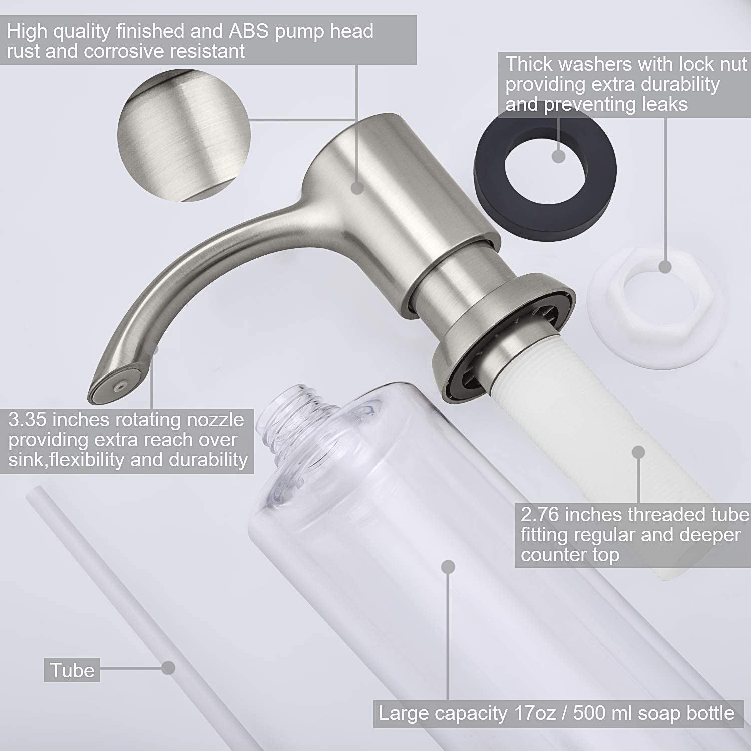 Soap Dispenser for Kitchen Sink Counter Dispenser 17 OZ Bottle Built in Refill from the Top (Brushed Nickel)