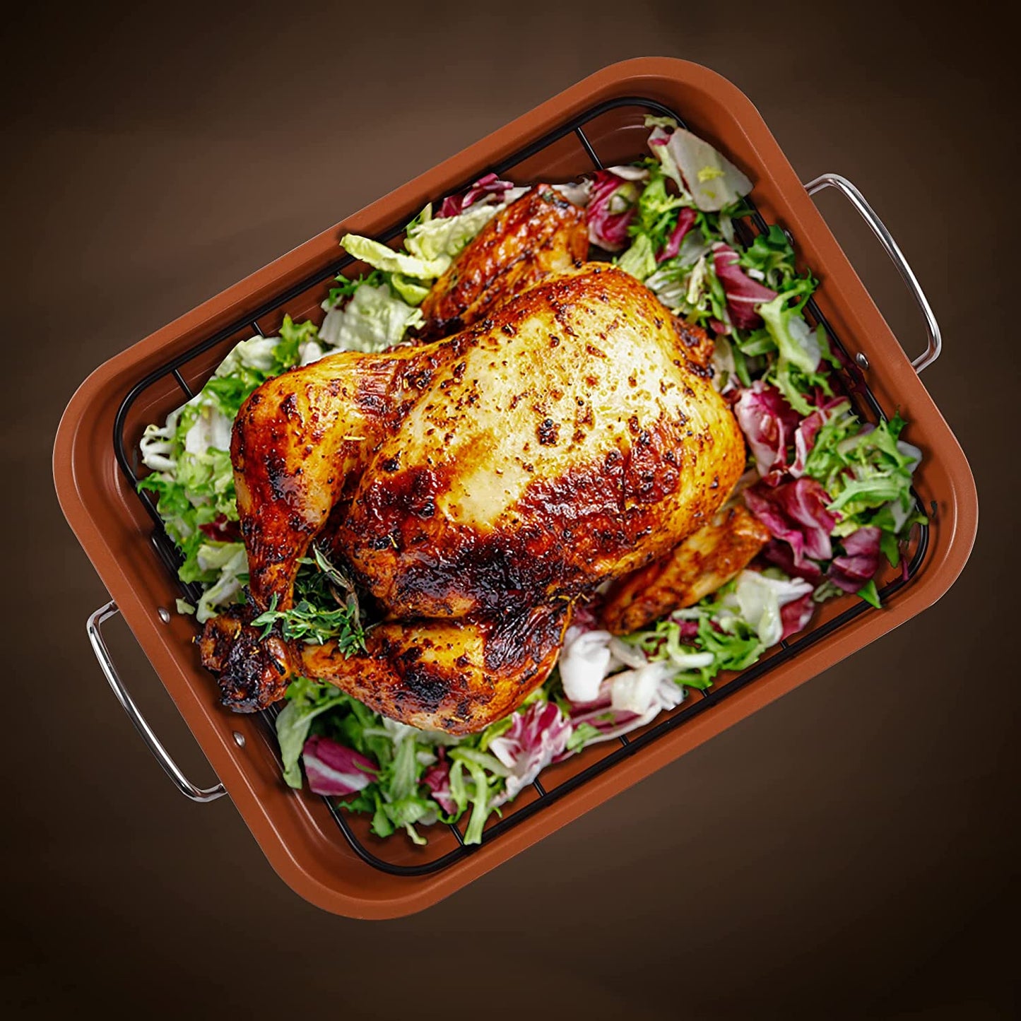 Kitcom Nonstick Roasting Pan, Roaster with Cooling Rack and V-Rack - 16 Inch Rectangular Turkey Roaster Lasagna Pan for Easter, Thanksgiving & Christmas, Dishwasher Safe, Bronze