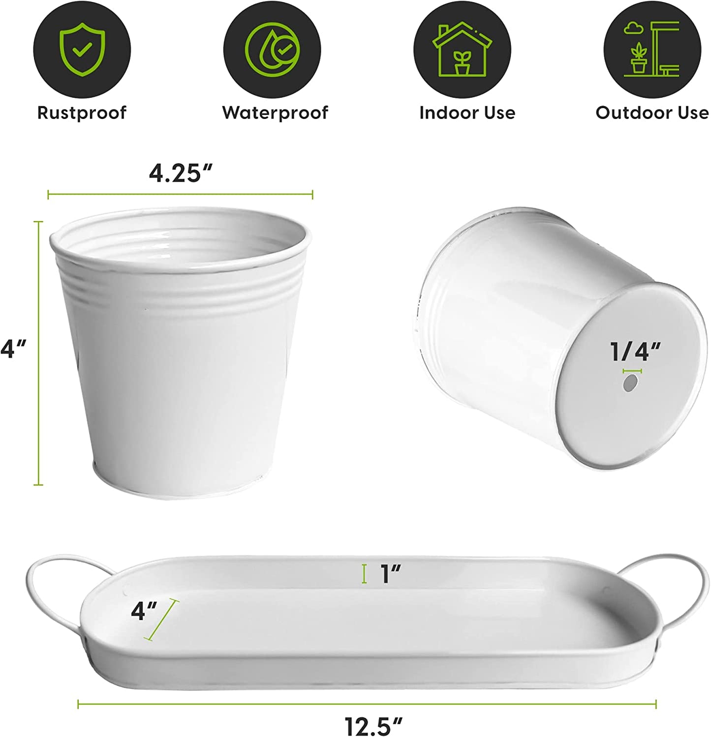 Herb Pot Planter Set with Tray for Indoor Garden or Outdoor Use, White Metal Succulent Potted Planters for Kitchen Windowsill