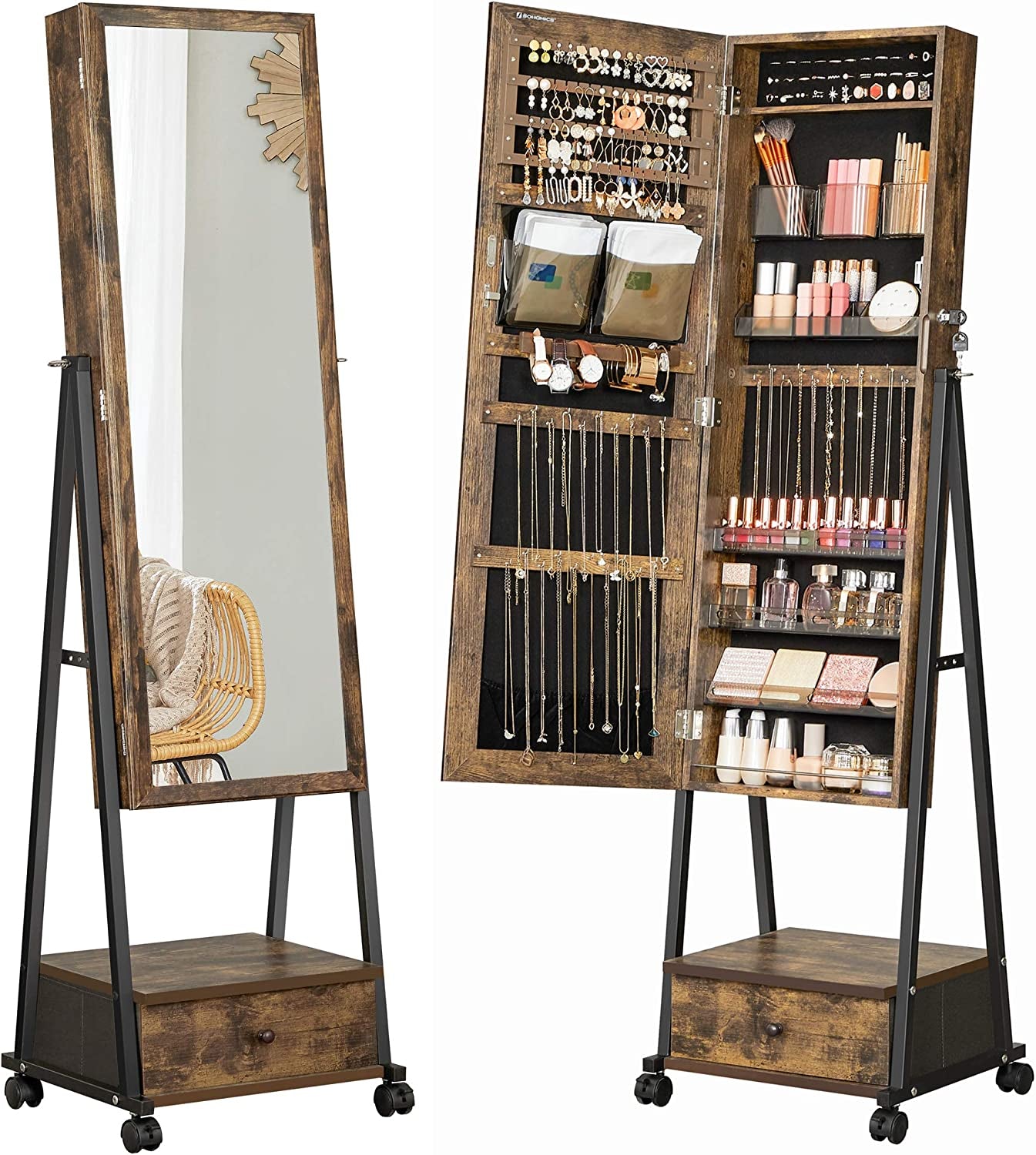 Jewelry Cabinet Floor Standing, Lockable Jewelry Organizer with High Full-Length Mirror, Bottom Drawer, Shelf, Wheels, Christmas Gifts, Rustic Brown and Black UJJC004X01