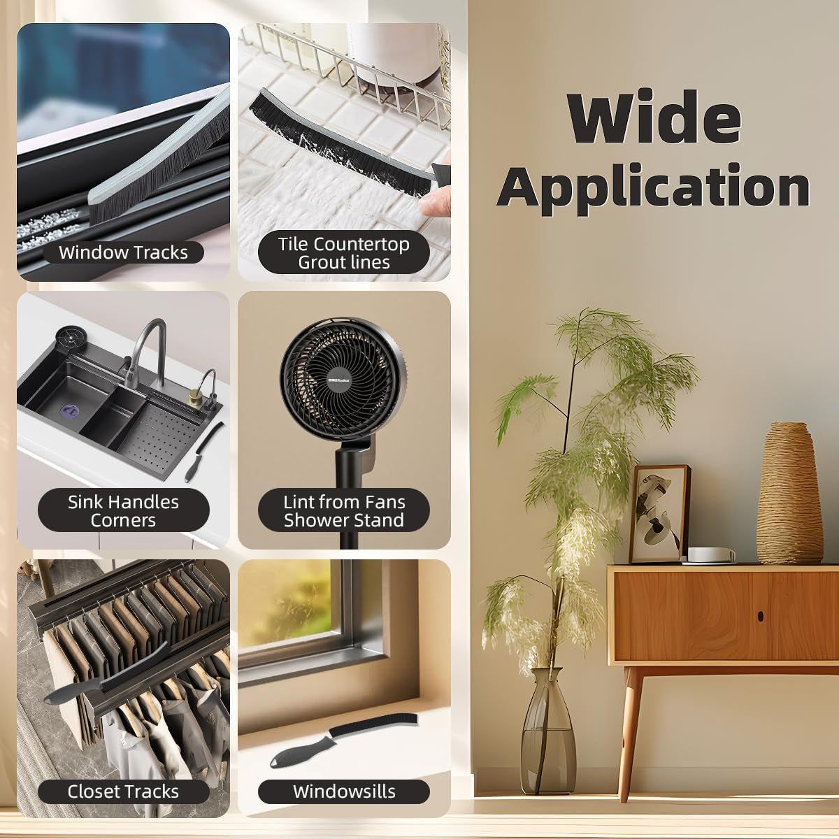 Hard Bristle Crevice Cleaning Brush - Multifunctional Gap Cleaning Brush, Cleaning Tools for Household Use, Home, Kitchen, Bathroom, Window, Vehicle, Faucets, Toilet, Grout (Black Handles)