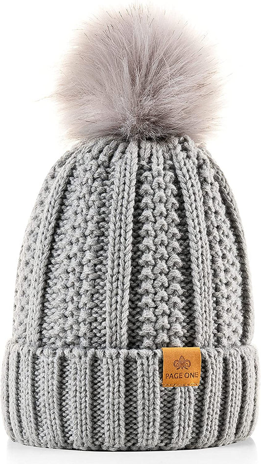 Womens Winter Thick Cable Knit Beanie Faux Fur Pom Hat Fleece Lined Skull Cap