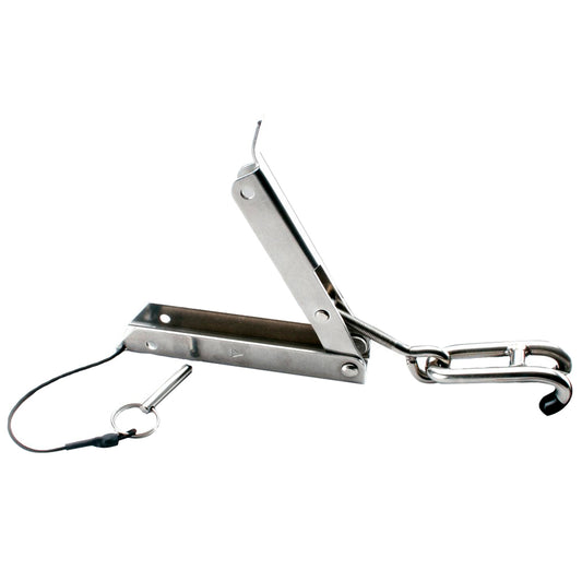 A silver-colored anchor chain claw-hook tensioner with a black handle featuring a quick-release mechanism.