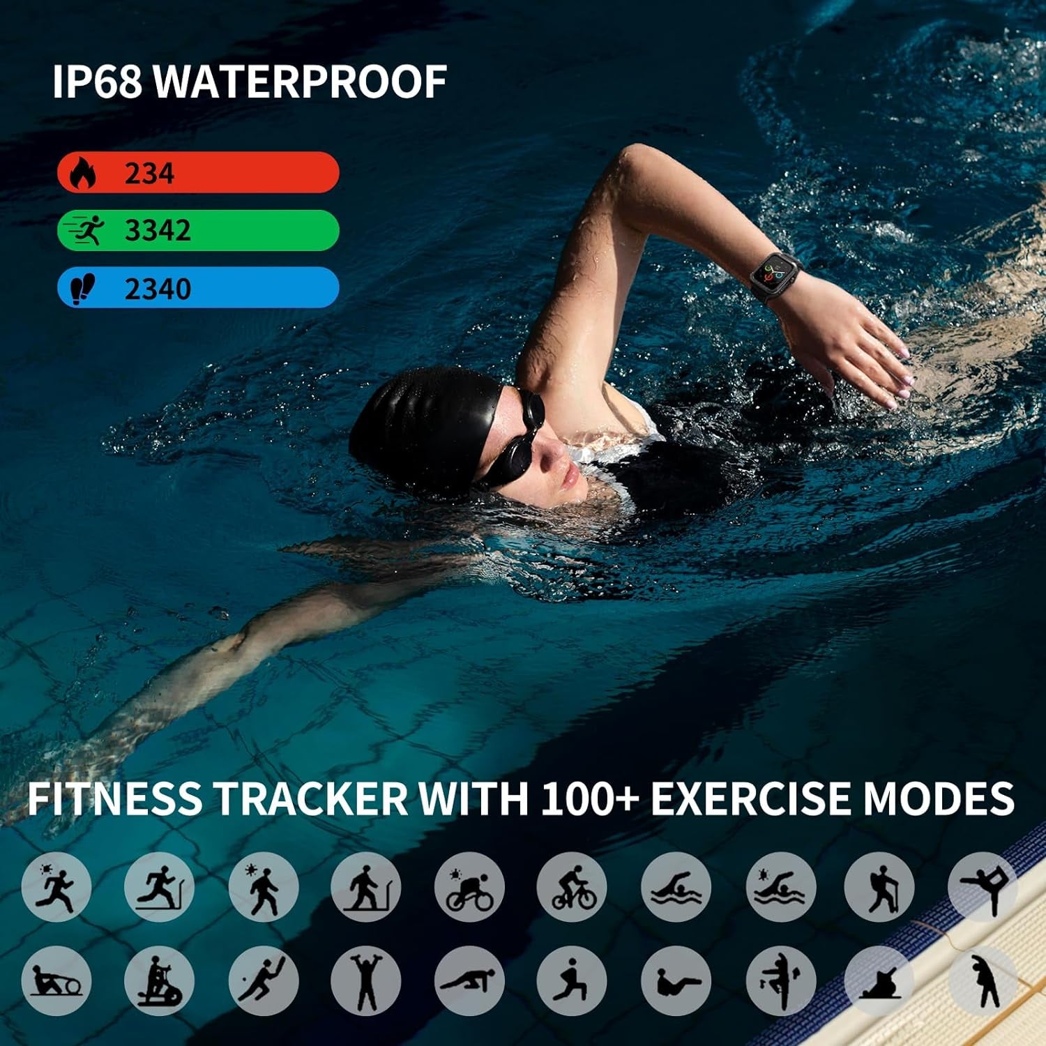 Smart Watch, 1.8" Touch Screen Smartwatch with Alexa Built-In IP68 Waterproof, Fitness Tracker with 100+ Sports Modes Heart Rate/Blood Oxygen/Stress/Sleep Monitor for Men and Women (Black)