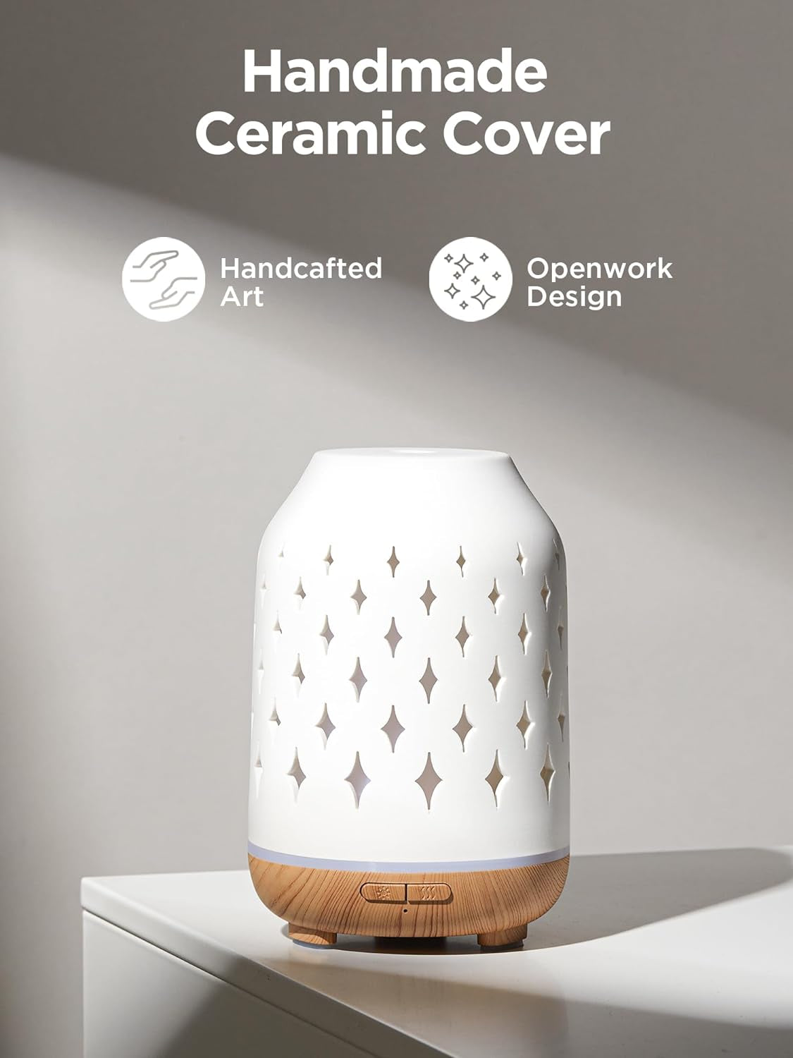 Aromatherapy Diffuser, 150Ml Ceramic Diffuser Ultrasonic Humidifier Cool Mist Essential Oil Diffusers for Home Air Diffuser with 2 Mist Modes Waterless Auto Off, White