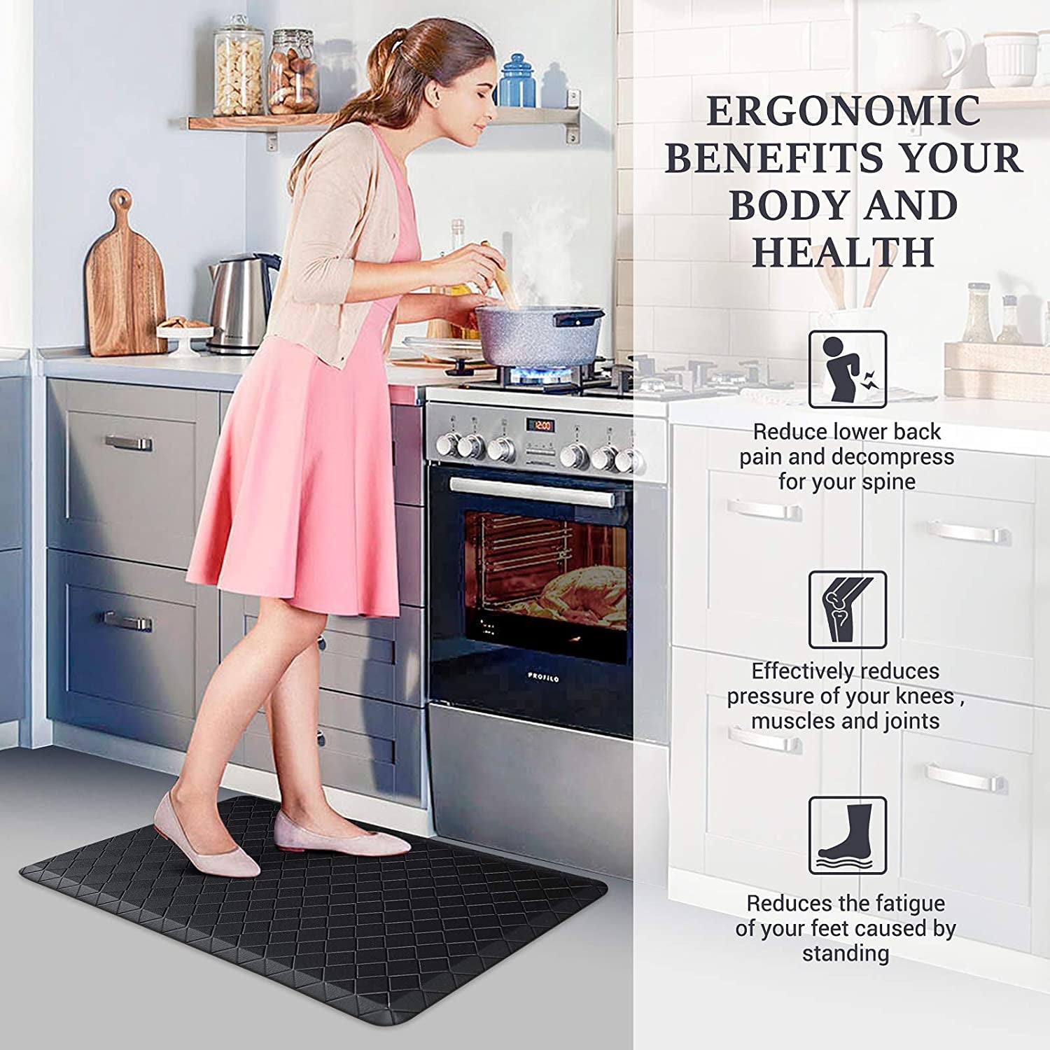 Kitchen Floor Mat Cushioned Anti-Fatigue Kitchen Rug,17.3"X28",Thick Waterproof Non-Slip Kitchen Mats and Rugs Heavy Duty Ergonomic Comfort Rug for Kitchen,Floor,Office,Sink,Laundry,Black