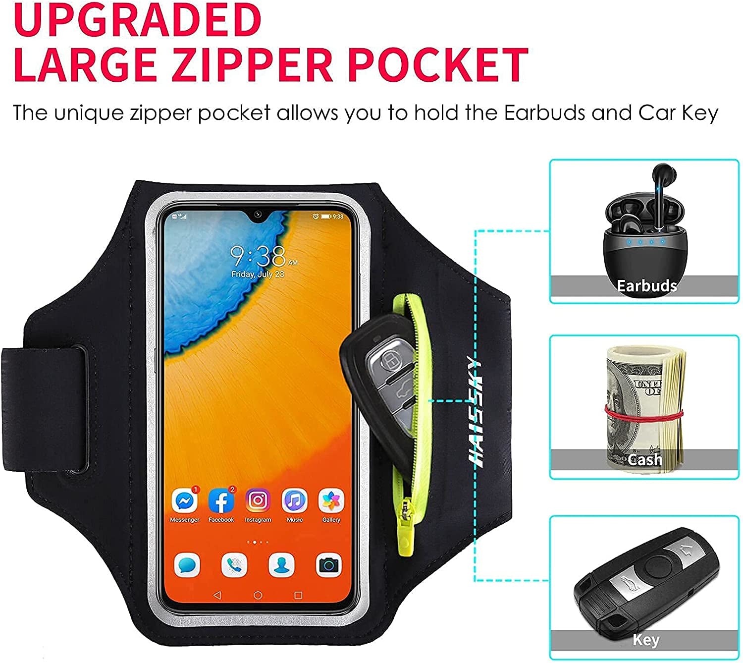 Running Armband with Airpods Bag Cell Phone Armband for Iphone 14 13 Pro 14 plus 12 11 XR XS, Galaxy S20/S10 Water Resistant Sports Phone Holder Case & Zipper Slot Car Key Holder for 6.5 Inch Phone