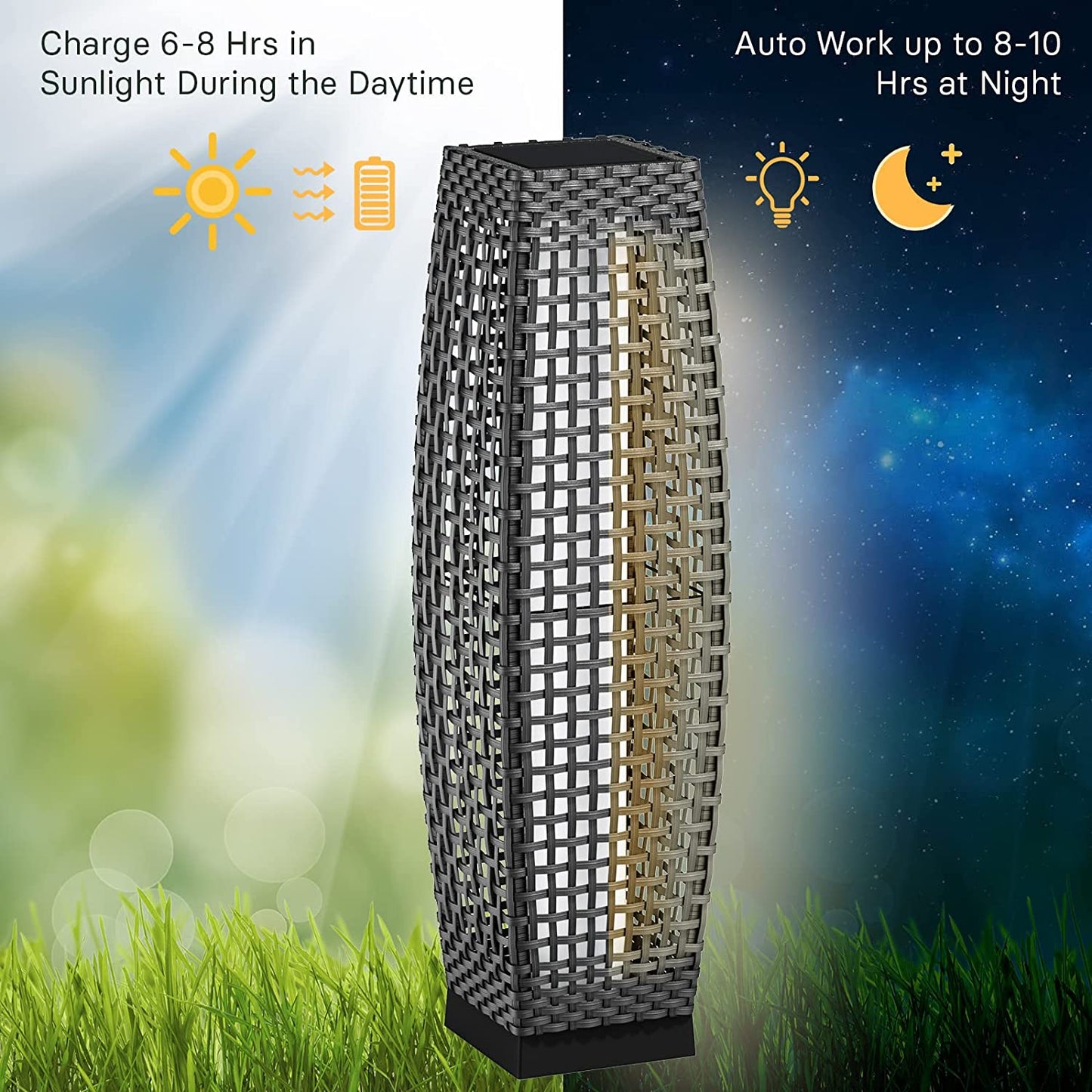 Outdoor Solar Powered Resin Wicker Floor Lamp, Outdoor Weather-Resistant Deck Light, for Garden or Porch -Large Fuji, Silver Gray