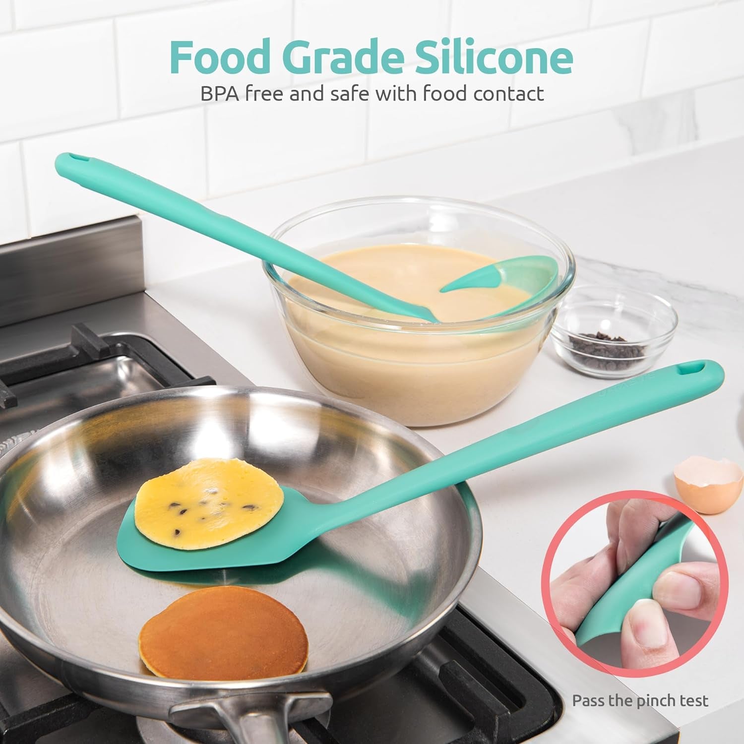 High Heat Resistant Kitchen Utensil:  13.6" Silicone Cooking Tools Gadgets Set, BPA Free Non Stick Solid and Slotted Turner Spatula, Mixing Spoon, and Soup Ladle (5 Pieces, Aqua Sky)